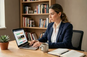 Femme professionnelle suivant une formation en ligne sur son ordinateur portable dans un bureau à domicile moderne