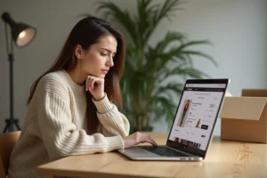 Jeune femme frustrée devant son ordinateur en train de consulter les délais de livraison sur un site de mode en ligne comme Asos