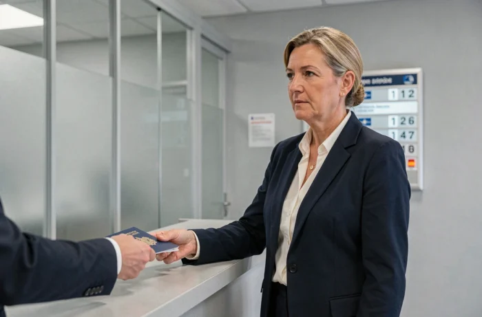 Femme en tenue professionnelle remettant un passeport français à un guichet de préfecture lors d'une démarche administrative