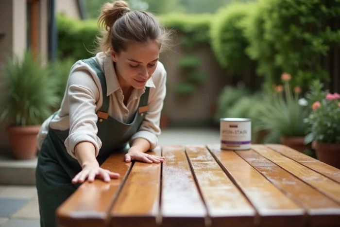 Femme inspectant la finition d'une table en bois récemment traitée avec une lasure sur une terrasse en pierre