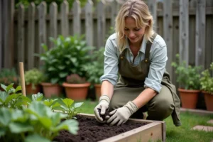 Femme jardinant dans un potager surélevé en bois, transplantant des jeunes plants avec des gants de jardinage, ambiance jardin familial naturel