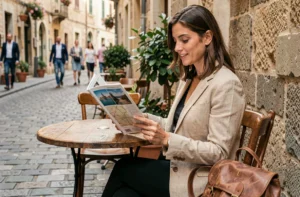 Femme lisant un magazine de voyage en terrasse dans une rue pavée européenne, avec un sac à dos en cuir vintage