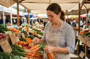 Femme examinant des carottes fraîches bio sur un marché local en plein air
