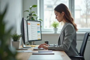 Femme professionnelle organisant sa boîte mail sur double écran dans un bureau moderne au style scandinave