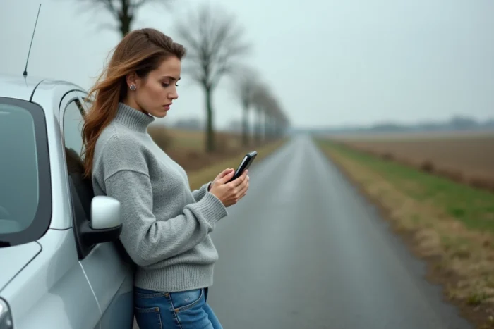 Jeune femme en panne d'essence à côté de sa Renault Twingo 2 argentée sur le bord d'une route de campagne française