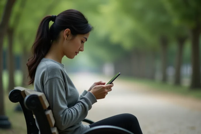 Femme seule dans un parc consultant son téléphone, symbolisant la vigilance d'une mère sur la vie privée de sa famille