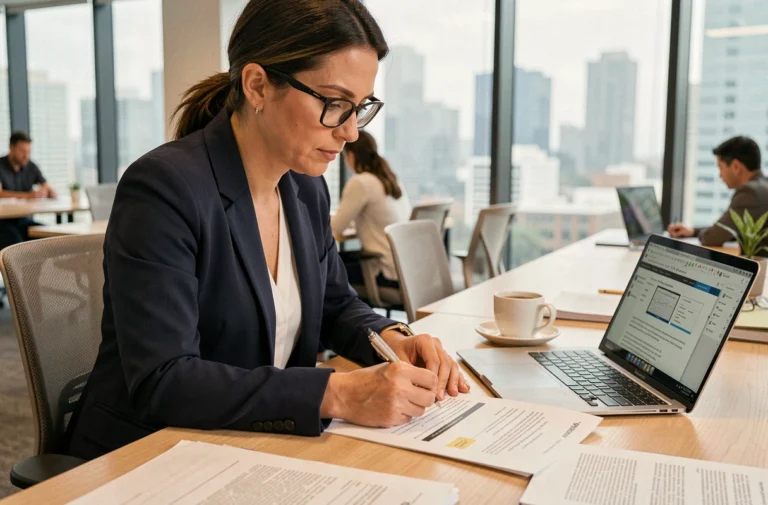 Femme professionnelle examinant des mentions légales d'un site web dans un bureau moderne