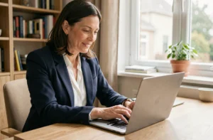 Femme consultant un site immobilier sur ordinateur portable dans un bureau à domicile moderne