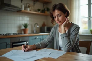 Femme propriétaire consultant ses documents CAF et formulaires RSA à la table de sa cuisine