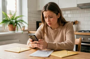 Femme frustrée consultant son téléphone après non-réception d'un colis Zara