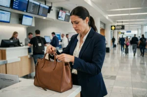 Femme stressée cherchant ses documents d'identité dans son sac à un comptoir d'enregistrement d'aéroport