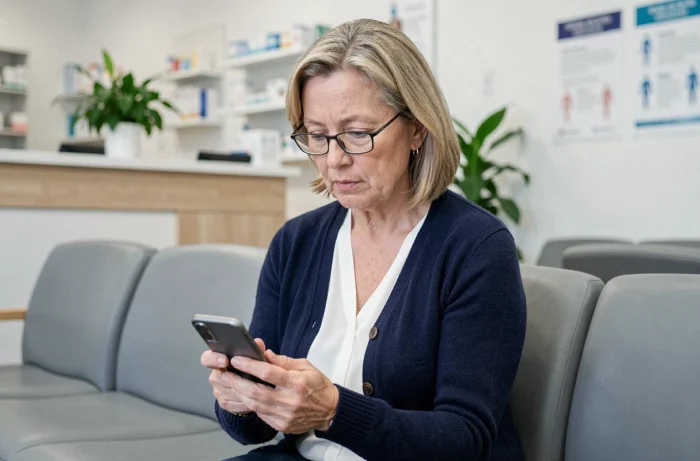Femme d'âge mûr consultant un site de santé sur son smartphone dans une salle d'attente médicale