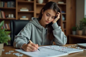 Femme consultant une solution de jeu Room et Exit avec des notes et une carte de chapitres posées sur un bureau en bois