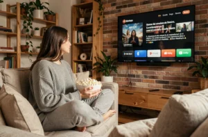 Jeune femme regardant un film en streaming VF sur grand écran depuis son canapé avec du popcorn