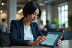 Femme explorant les nouvelles fonctionnalités de l'application MyCitya sur une tablette dans un espace de coworking moderne
