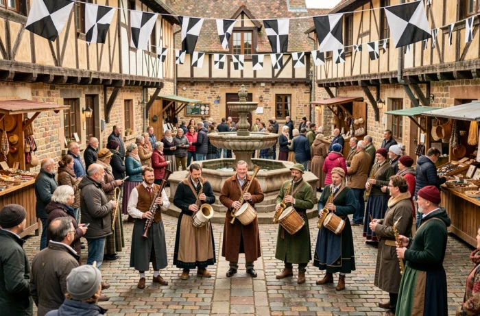 Musiciens bretons jouant bombarde et biniou lors d'un festival breton en place de village, célébration de l'identité bretonne BreizhPower