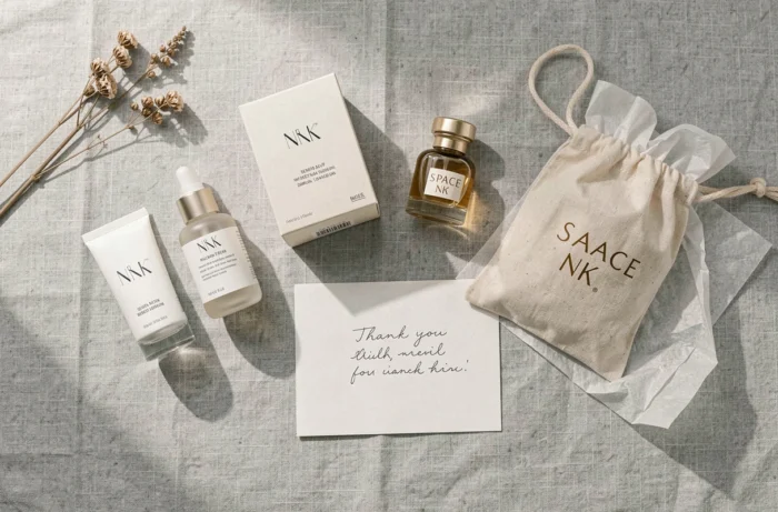 Flat lay élégant de produits Space NK avec pochette cadeau, carte manuscrite et papier de soie sur fond lin gris