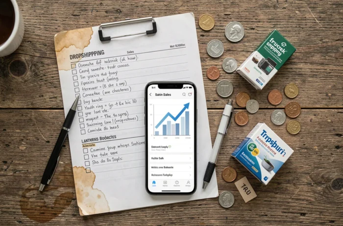Vue en plongée d'un bureau avec smartphone affichant des statistiques de vente, illustrant le business e-commerce et les formations comme Ecom Boss de Gaspard Grosjean