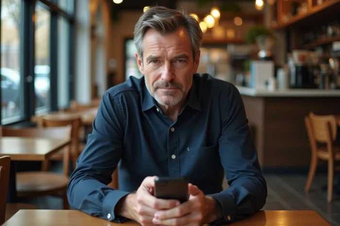 Homme consultant ses messages reçus sur une application de messagerie d'annonces en ligne depuis un café