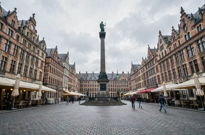 Vue grand angle de la Grand-Place de Lille avec la statue de la Déesse symbole emblématique de la ville