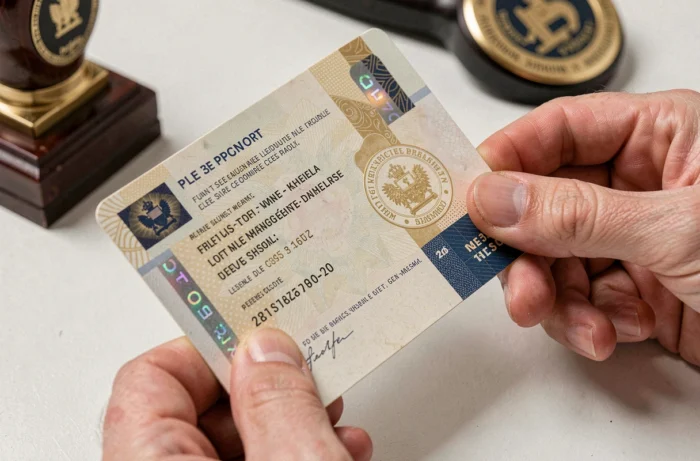 Gros plan de mains tenant une page de passeport français, mettant en évidence les éléments de sécurité et les mentions légales du document