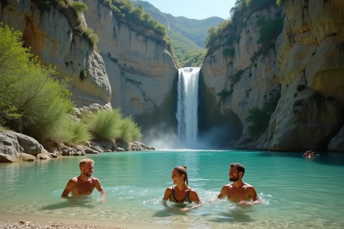Groupe d'adultes se baignant dans la vasque naturelle de la cascade de la Vis, entourés des falaises calcaires du canyon