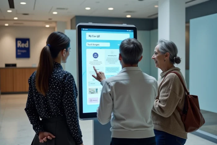 Groupe de citoyens découvrant les nouveautés 2026 de la plateforme MyCitya sur une borne interactive dans un espace municipal