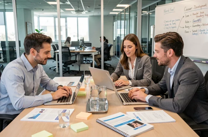 Groupe de professionnels discutant ensemble de formations en ligne pour développer leurs compétences en entreprise