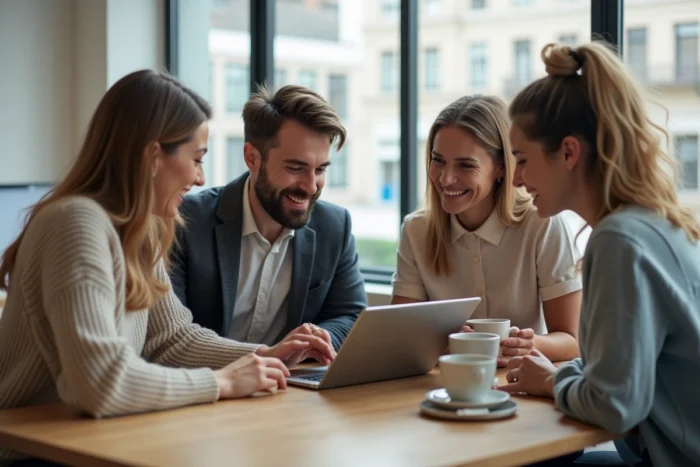 Groupe de professionnels collaborant autour d'une plateforme de recherche d'emploi sur une tablette
