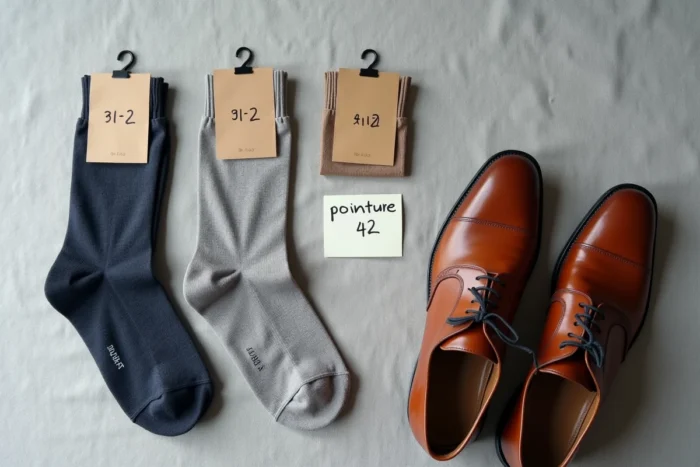 Flat lay de plusieurs tailles de chaussettes avec une chaussure pointure 42 et étiquettes de tailles visibles