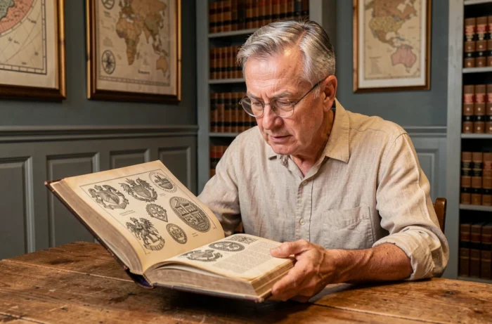 Historien consultant un livre d'archives sur l'histoire du logo et des symboles héraldiques de Lille