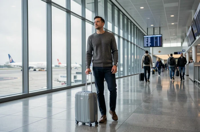 Homme en pull en laine dans un terminal d'aéroport moderne avec une valise cabine, consultant le tableau des départs