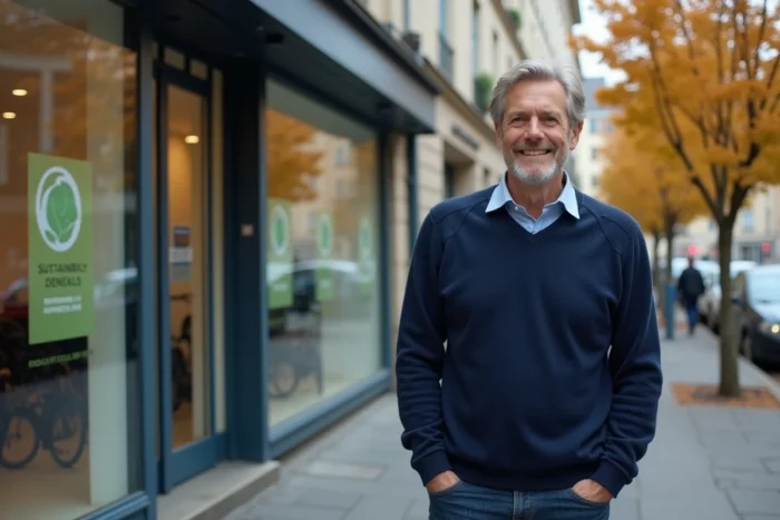 Homme devant une agence bancaire responsable affichant des certifications environnementales en ville