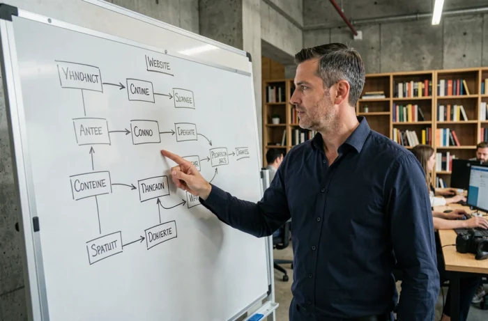 Homme analysant l'architecture d'un plan de site sur un tableau blanc dans un espace de coworking