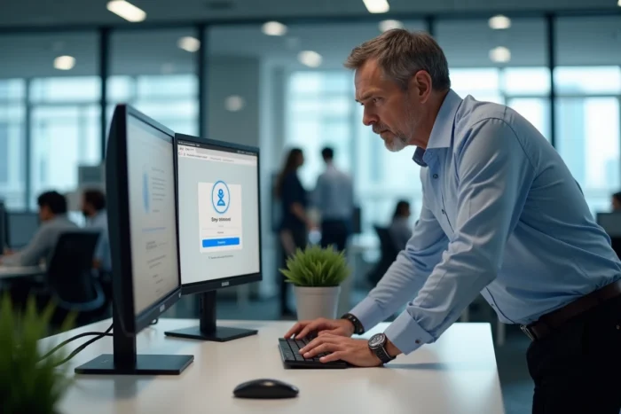 Homme en bureau professionnel résolvant une erreur de connexion sur AOL Webmail depuis un poste de travail double écran