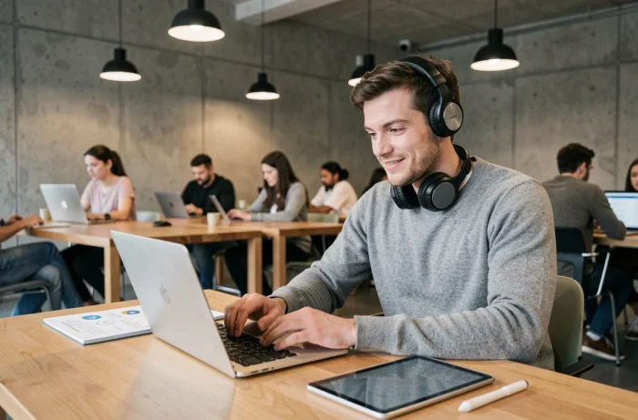 Jeune professionnel masculin en train de suivre une certification en ligne dans un espace de coworking