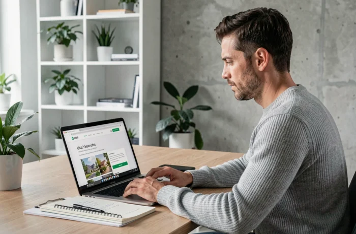 Homme comparant des offres de prêt immobilier en ligne depuis son bureau à domicile
