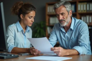 Homme consultant un certificat de non gage sur son bureau avec des documents de véhicule