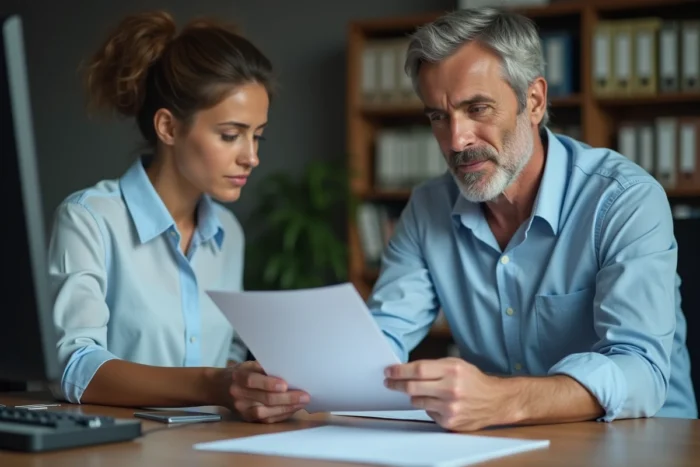 Homme consultant un certificat de non gage sur son bureau avec des documents de véhicule