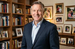 Portrait d'un homme élégant dans la cinquantaine souriant dans un intérieur chaleureux décoré de photos de famille