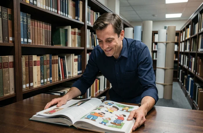 Homme consultant une encyclopédie illustrée de personnages de dessins animés dans une bibliothèque