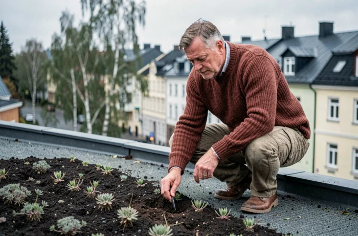 Homme norvégien d'âge mûr entretenant son toit végétalisé en ville avec des plantations de sedum dans un quartier d'Oslo
