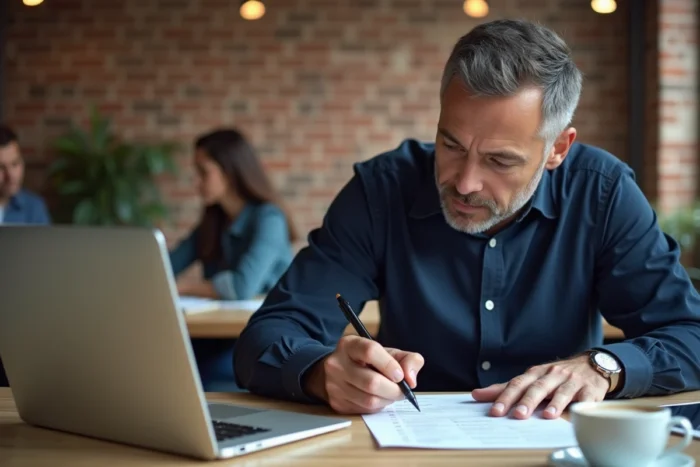 Homme d'affaires annotant une liste d'astuces pour gérer ses emails dans un espace de coworking moderne
