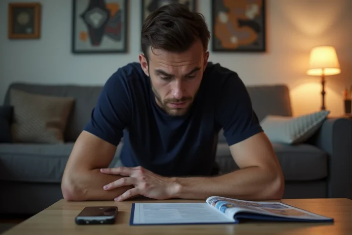 Homme en train d'étudier un guide solution chapitre par chapitre du jeu Room et Exit sur une table basse dans un salon