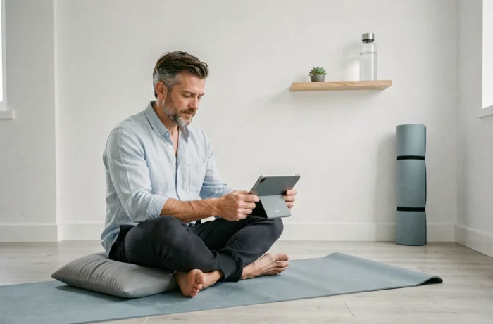 Homme lisant du contenu santé sur une tablette dans un espace de bien-être minimaliste à domicile
