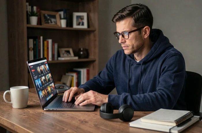 Homme parcourant un site de streaming VOSTFR sur laptop dans un bureau à domicile avec casque audio