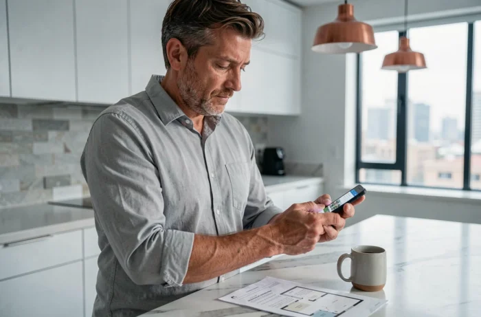 Homme consultant un portail immobilier sur smartphone dans une cuisine moderne avec plan de sol imprimé