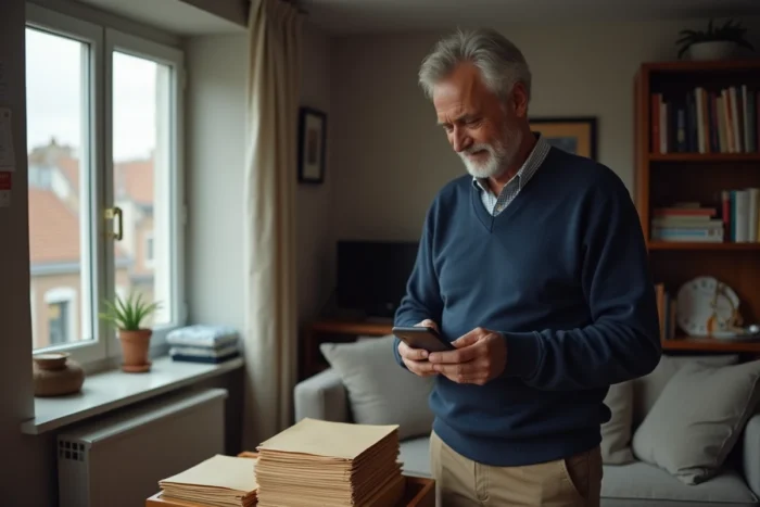 Homme propriétaire consultant le site de la CAF sur son téléphone portable dans son appartement