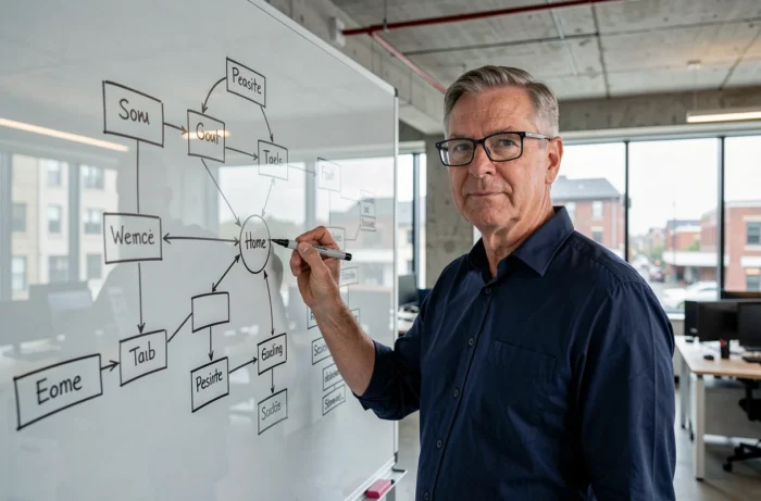 Homme d'affaires présentant la structure d'un sitemap sur un tableau en verre dans une agence digitale