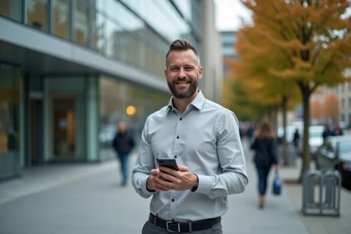 Homme consultant les mises à jour 2026 de MyCitya sur smartphone devant une mairie moderne en ville